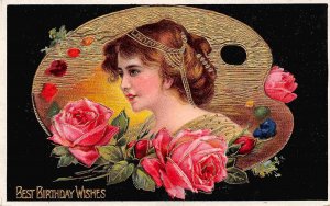 Best Birthday Wishes Woman Roses Color Palette 1910s postcard
