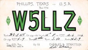 Phillips Texas W5LLZ, Charles A. Stratton, QSL Two Way Radio Card PC U9448