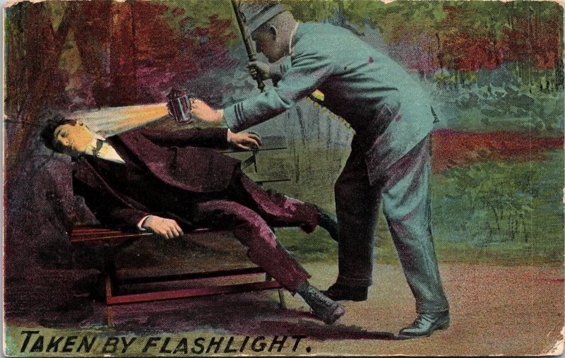 VINTAGE POSTCARD TAKEN BY FLASHLIGHT MAN ON BENCH HUMOR FAIRMOUNT W. VA 1913