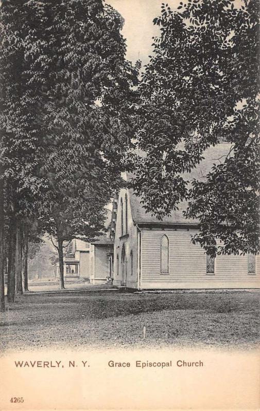 Waverly New York Grace Episcopal Church Street View Antique Postcard K34250