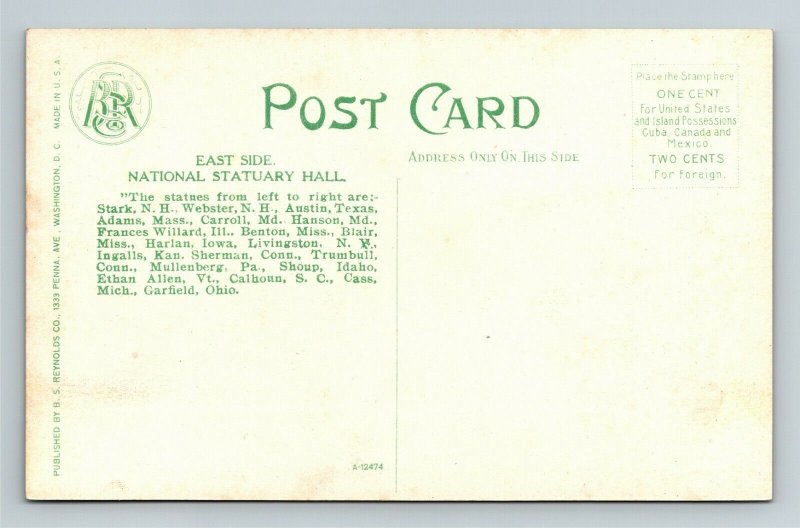 East Side, Statuary Hall, US Capitol, Vintage Washington DC Postcard