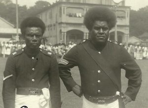 Suva FIJI RPPC '10 POLICE Policemen POSING Warrior Day SPEAR AX DANCE Coronation 