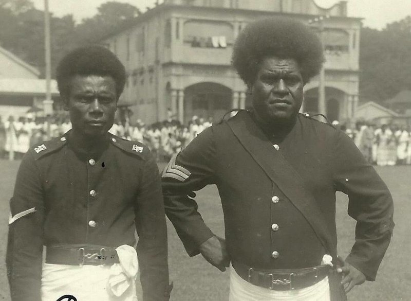 Suva FIJI RPPC '10 POLICE Policemen POSING Warrior Day SPEAR AX DANCE Coronation