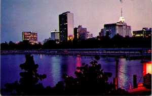 Vtg Miami's Bayfront Park and Boulevard Hotels Night View Florida FL Postcard