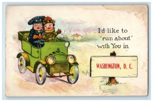 c1910 Two Dutch Kids Riding Car, Washington DC Signage Posted Postcard