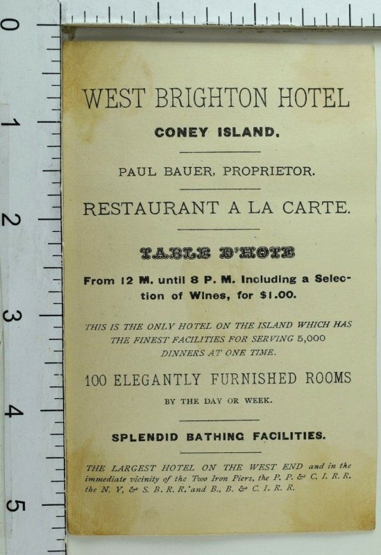 1870's-80's West Brighton Beach Hotel, Coney Island Beach Scene Trade Card F75