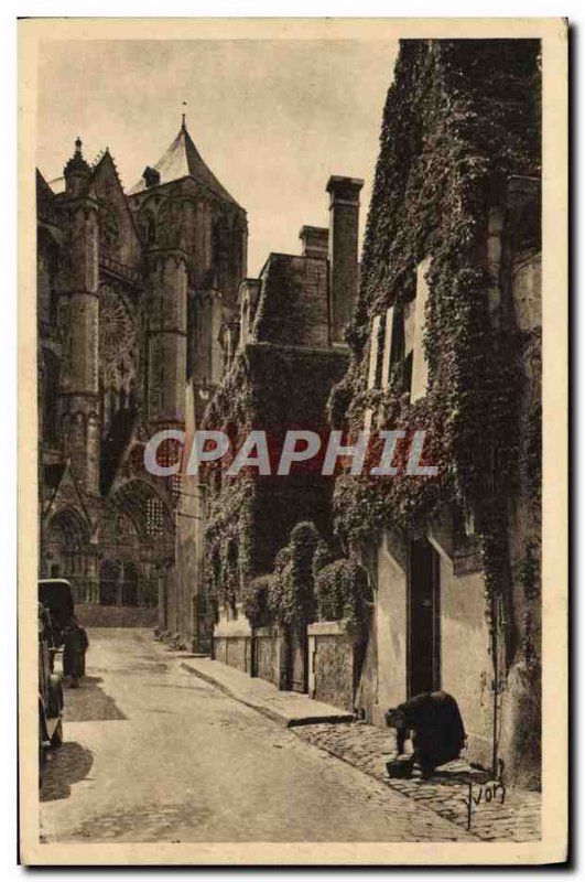 Old Postcard Bourges Old Street In the background the Cathedral