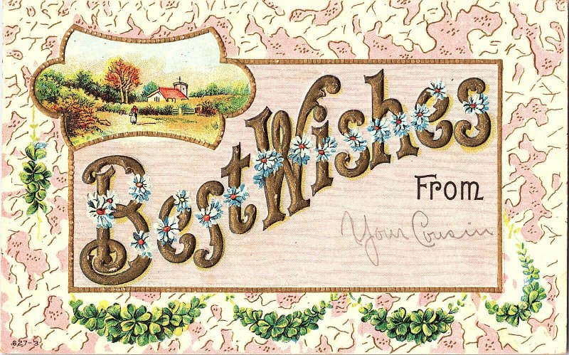 Best Wishes From Vintage Embossed Standard View Postcard Flowers