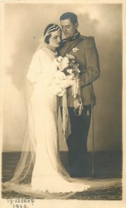 Romania wedding photo postcard military groom bride dated 1935 Targu Mures