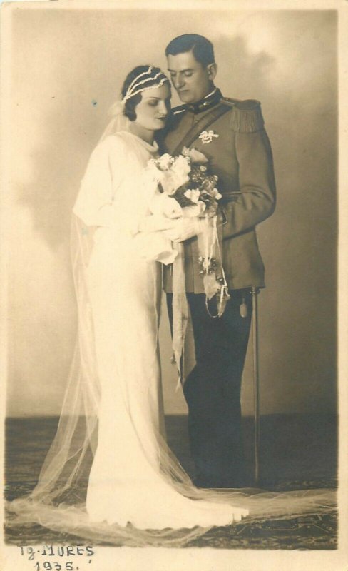 Romania wedding photo postcard military groom bride dated 1935 Targu Mures
