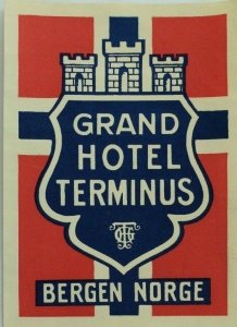 1940's-50's Grand Hotel Terminus Bergen, Norway Baggage Label Original E17