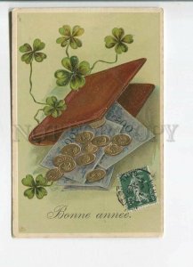 482183 NEW YEAR wishes Wallet w/ Money COINS Vintage postcard EMBOSSED 1908 year