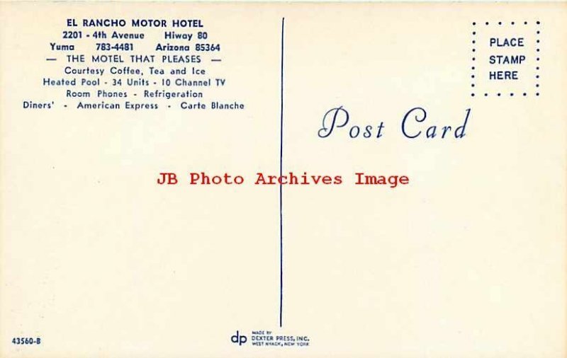 AZ, Yuma, Arizona, El Rancho Motor Hotel, Swimming Pool, Dexter Press No 43560B