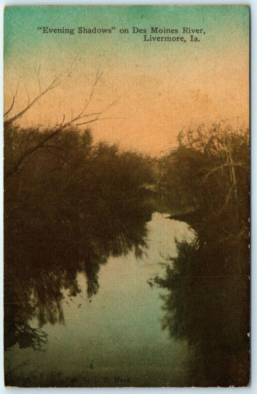 c1910s Livermore, IA Evening Shadows Des Moines River Litho Photo Postcard A25