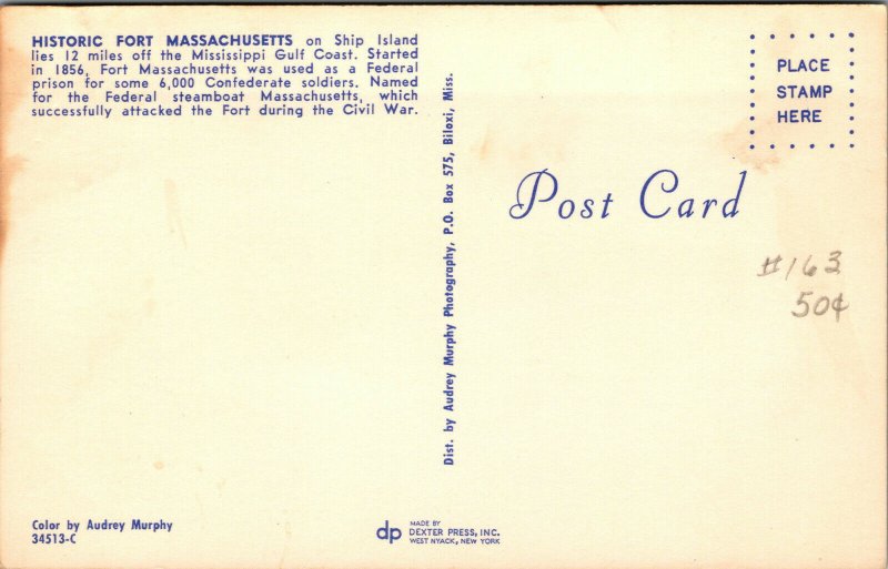 Vtg 1950 Fort Massachusetts Civil War Prison Ship Island Mississippi MS Postcard