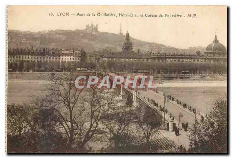 Old Postcard Lyon Guillotiere Bridge Hotel Dieu and Coteau de Fourviere