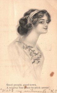 Vintage Postcard 1913 Pretty Lady Side View Face Curly Hair Drawing