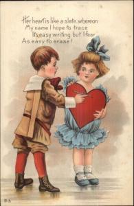 Valentine - Little Boy & Girl HER HEART IS LIKE A SLATE c1915 Postcard