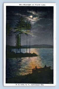 Moonlight on 4th Fourth Lake PO Inlet Adirondacks New York NY WB Postcard B16