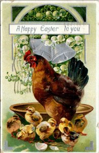 Embossed Tuck Postcard Easter Hen & 7 Chicks in Front of Wooden Bowl 1910 K19