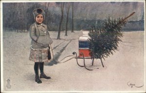 Christmas - Girl w/ Milk Jug & Tree on Her Sled SCHLOSSER c1910 Postcard