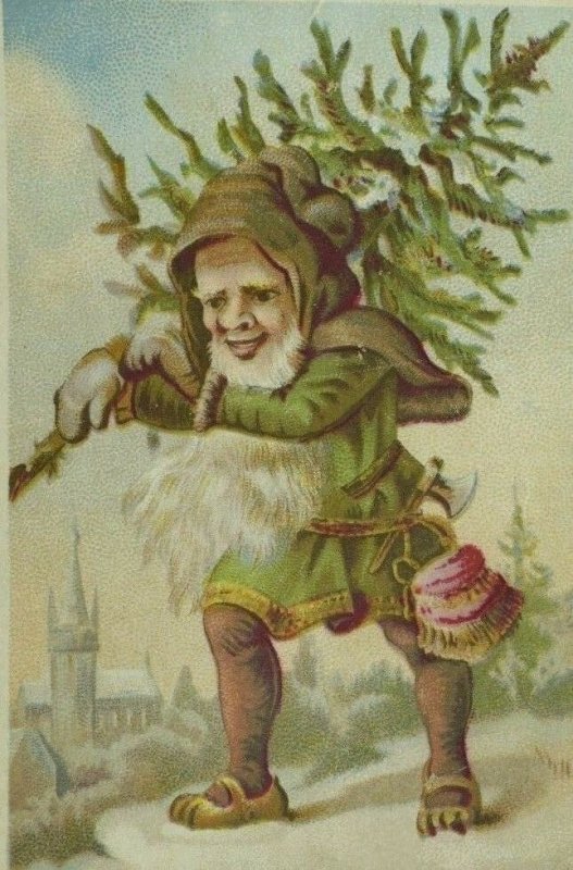 1880's-90's Winter Christmas Elf In Green Coat Carrying Tree Snow P100