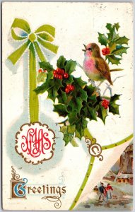 Christmas Greetings, XMAS Cute Bird On Holly Ribbon Holiday, Vintage Postcard