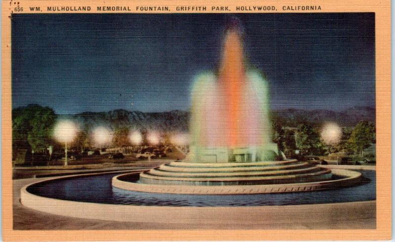 HOLLYWOOD, CA    MULLHOLLAND FOUNTAIN at  GRIFFITH PARK  c1940s   Linen Postcard