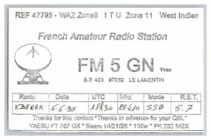 Postcard QSL CB Ham Radio Amateur Card From West Indies FM 5 GN