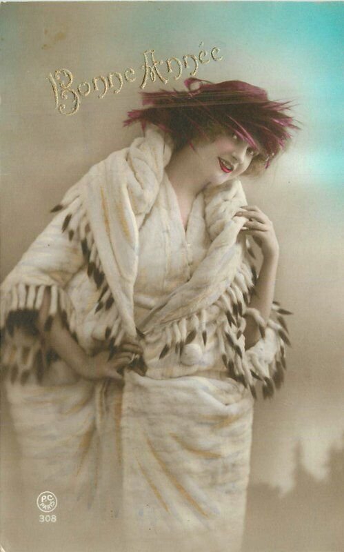 1920s Fashion Woman fur coat sexy hand tint RPPC Photo Postcard 22-7672