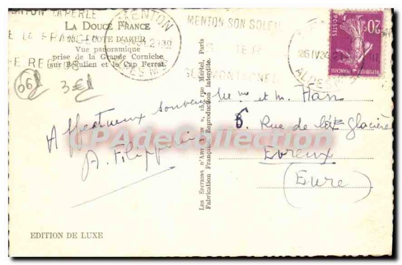 Postcard Old BEAULIEU Cap Ferrat panoramic view