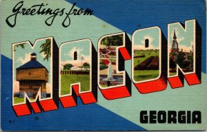 Vtg 1940s Large Letter Greetings Macon Georgia GA Unused Linen Postcard