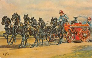 VICTOR SIX PONY HITCH FIRE WAGON CHICAGO ILLINOIS POSTCARD (c. 1950s)