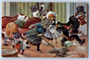 c1910's Anthropomorphic Cat Kittens Spring Cleaning Thiele Signed Tuck Postcard