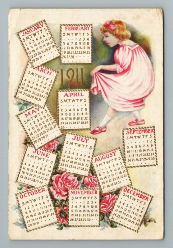 1911 Rose Year Calendars Girl Vintage Postcard 