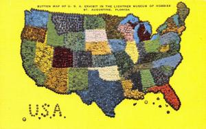 St Augustine Florida~United States Button Map~1940s Linen Postcard