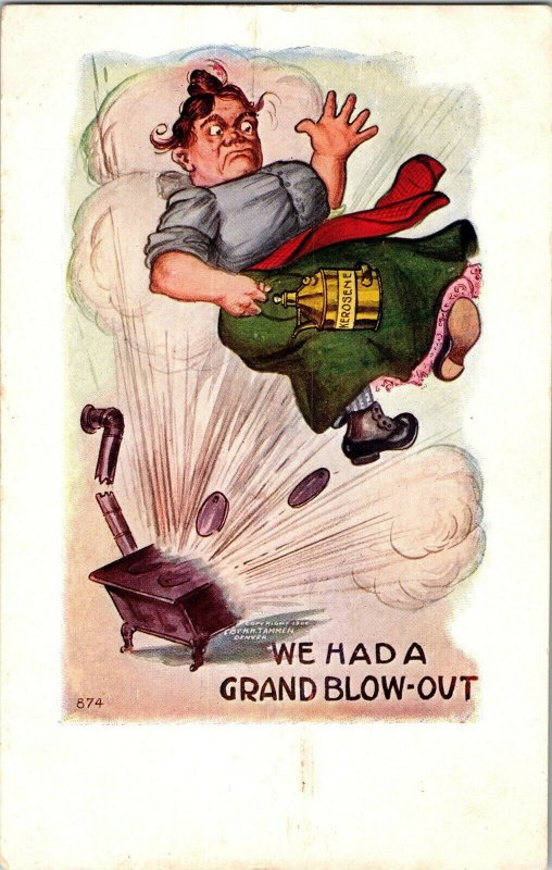 We Had a Grand Blow Out, Exploding Stove Kerosene Humor Vintage Postcard I47