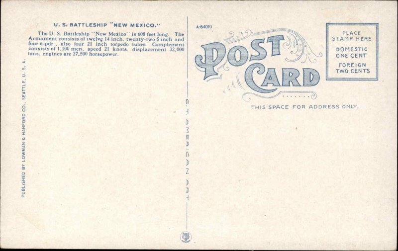 US BATTLESHIP New Mexico c1920 Postcard
