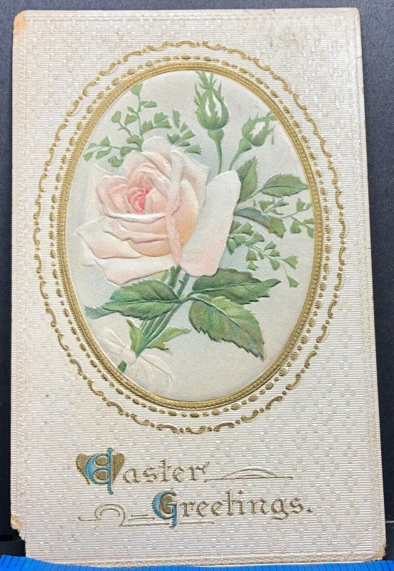 Easter Greeting Pink Rose 1912 Antique Postcard