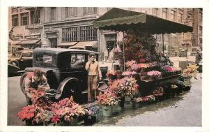 Street Flower Stands Of San Francisco Postcard. Deckled Edges. Ols Car