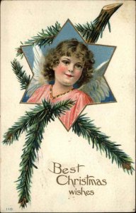 Christmas Pretty Little Girl Angel Star Border c1910 Vintage Postcard