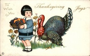 Thanksgiving Little Girl Fruit Basket Turkey Friend Stecher Vintage Postcard