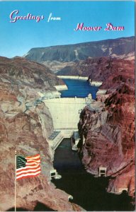 Postcard NV - Greetings from Hoover Dam -- aerial of dam with US Flag