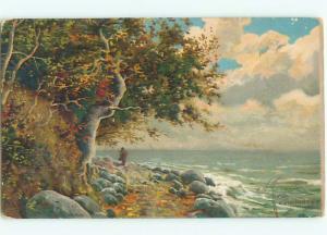 Pre-1907 foreign signed COLORFUL TREES BY THE SEASIDE J4737