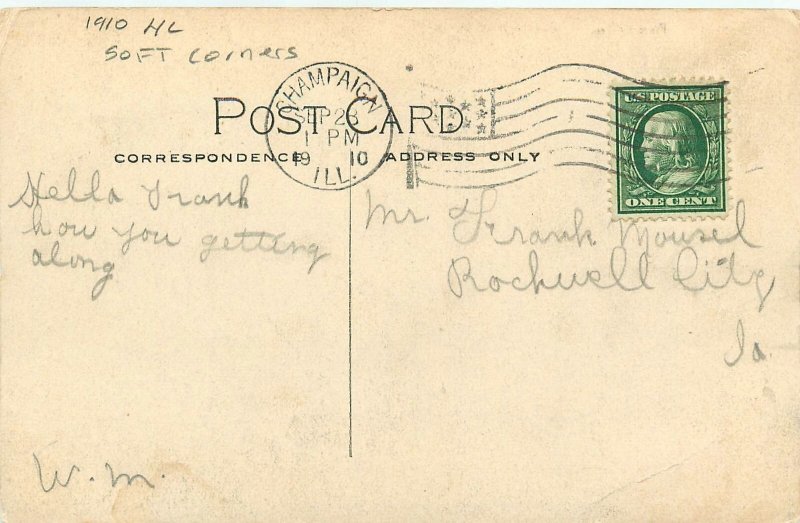 1910 Champaign Illinois Post Office occupation hand colored Postcard 26-204