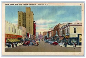 c1940s Main Street & State Capitol Building Columbia South Carolina SC Postcard