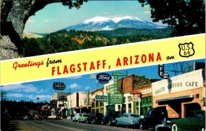 Flagstaff, AZ Arizona GREETINGS~Route 66 STREET SCENE Bakery~50's Cars Postcard