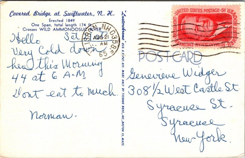 Covered Bridge Swiftwater NH New Hampshire Postcard PM Cancel WOB Note VTG  