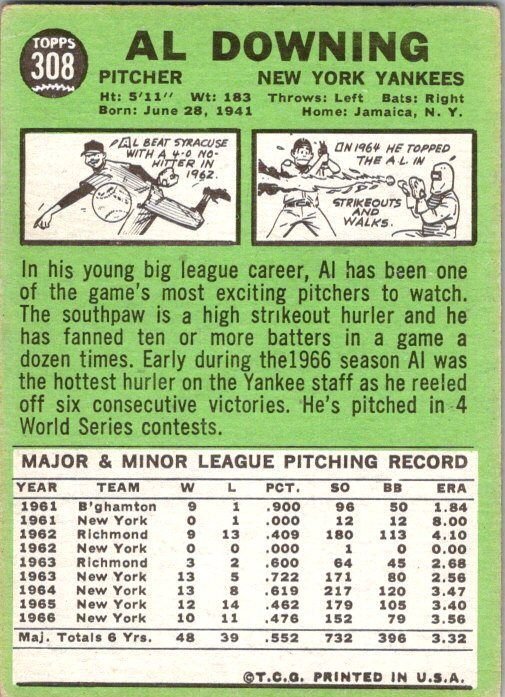 1967 Topps Baseball Card Al Downing New York Yankees sk2090