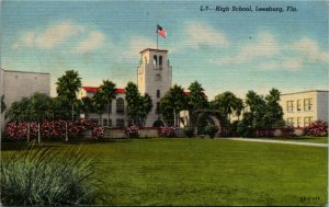 Postcard Florida Leesburg High School American Flag Palm Trees LINEN 1960 S42